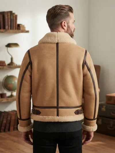 Men’s Tan Shearling Aviator Jacket with Shearling Collar back