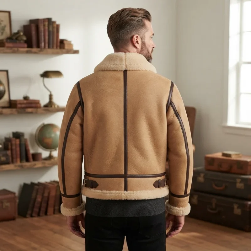 Men’s Tan Shearling Aviator Jacket with Shearling Collar back