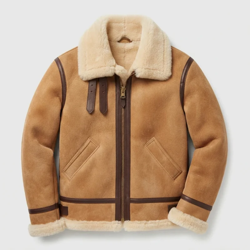 Men’s Tan Shearling Aviator Jacket with Shearling Collar front