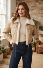 Women’s Beige Shearling Aviator Jacket