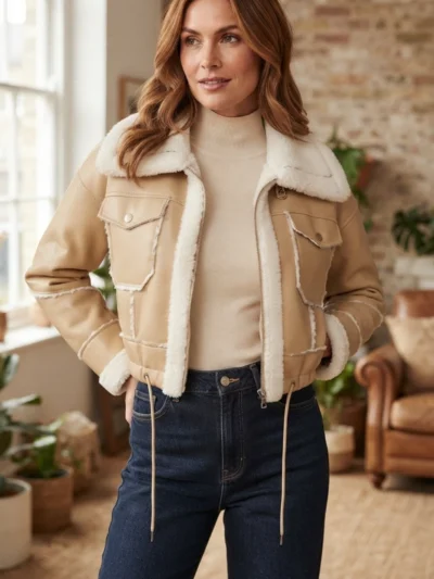 Women’s Beige Shearling Aviator Jacket