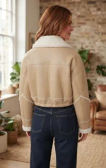 Women’s Beige Shearling Aviator Jacket back
