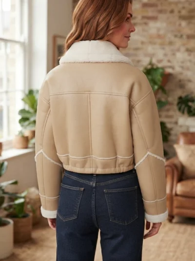 Women’s Beige Shearling Aviator Jacket back
