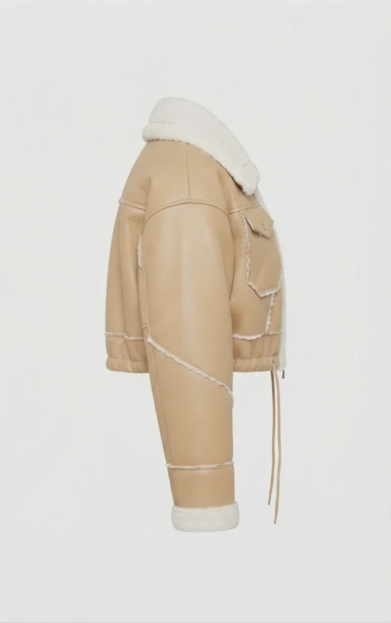 Women’s Beige Shearling Aviator Jacket – Shearling Lined Leather Flight Jacket - Image 5