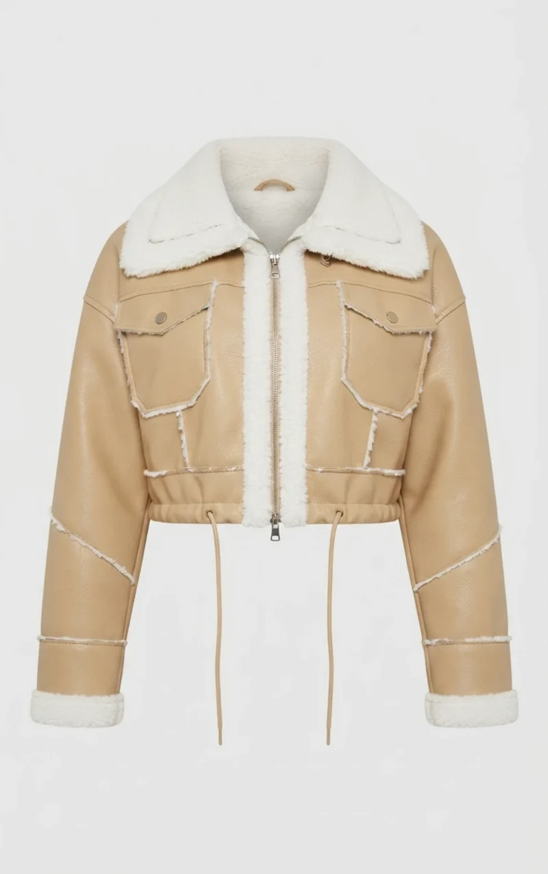 Women’s Beige Shearling Aviator Jacket front