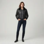 Women’s Black Leather Bomber Jacket with Black Fur Collar and Flap Pockets