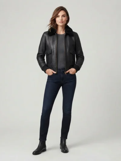 Women’s Black Leather Bomber Jacket with Black Fur Collar and Flap Pockets