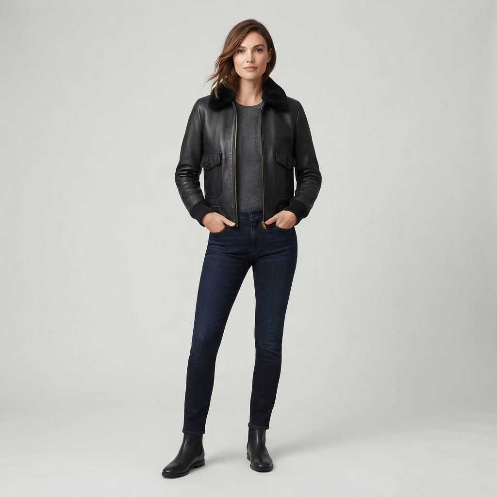 Women’s Black Leather Bomber Jacket With Black Fur Collar And Flap Pockets (1) Women’s Black Leather Bomber Jacket with Black Fur Collar and Flap Pockets