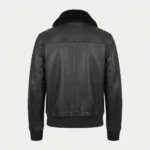 Women’s Black Leather Bomber Jacket with Black Fur Collar and Flap Pockets back