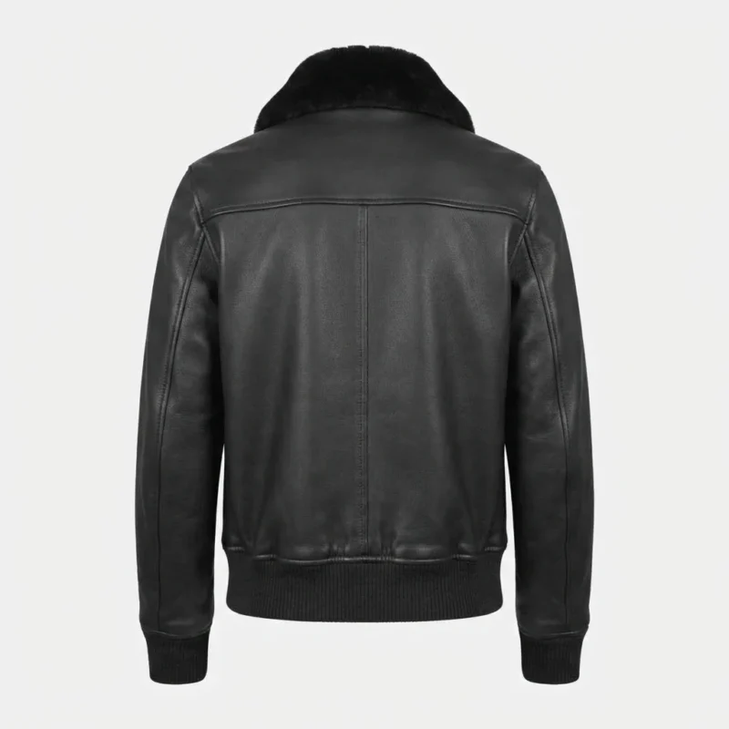 Women’s Black Leather Bomber Jacket with Black Fur Collar and Flap Pockets back