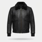 Women’s Black Leather Bomber Jacket with Black Fur Collar and Flap Pockets