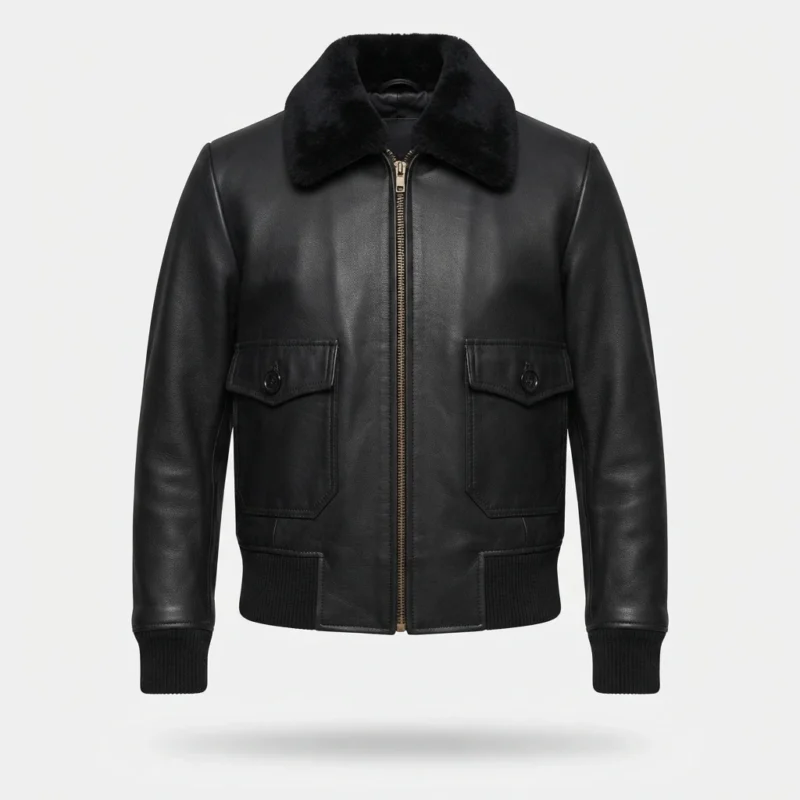 Women’s Black Leather Bomber Jacket with Black Fur Collar and Flap Pockets