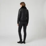 Women’s Black Leather Bomber Jacket with Black Fur Collar and Flap Pockets back