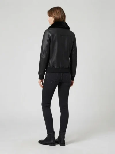 Women’s Black Leather Bomber Jacket with Black Fur Collar and Flap Pockets back