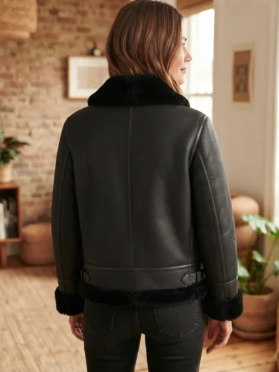 Women’s Black Shearling Aviator Jacket backside