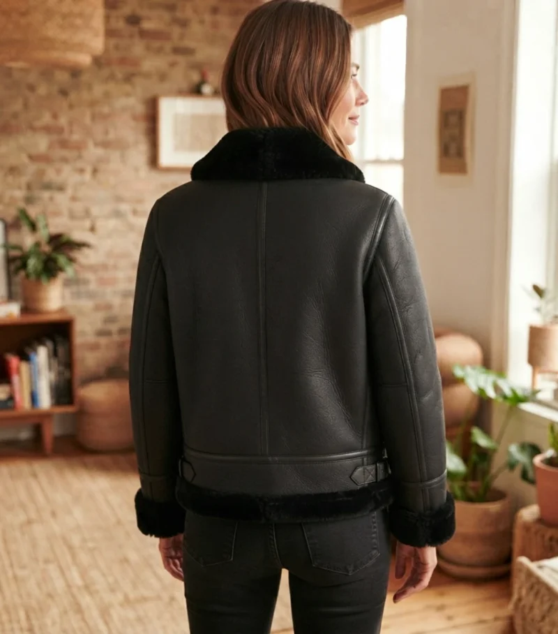 Women’s Black Shearling Aviator Jacket backside