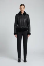 Womens Black Shearling Aviator Jacket front