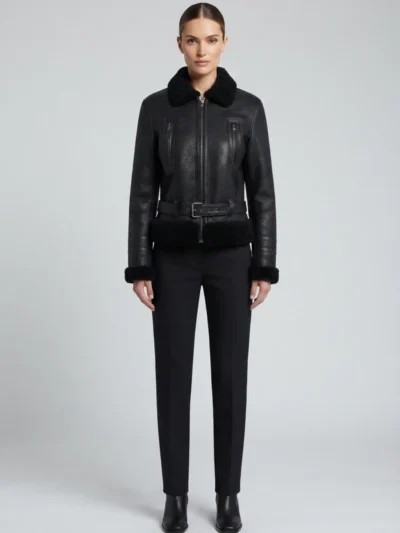 Womens Black Shearling Aviator Jacket front