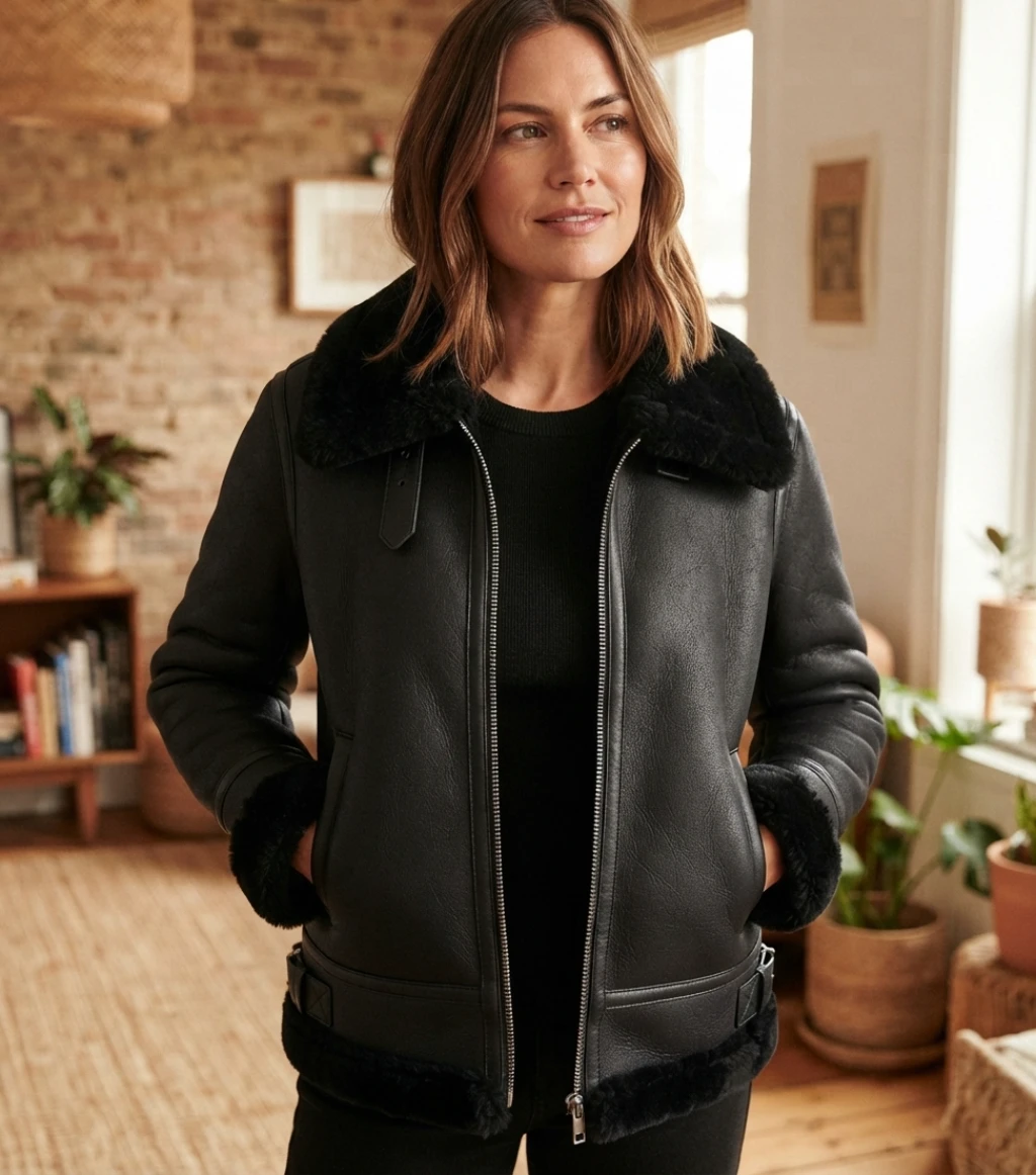 Women’s Black Shearling Aviator Jacket (5) Women’s Black Shearling Aviator Jacket
