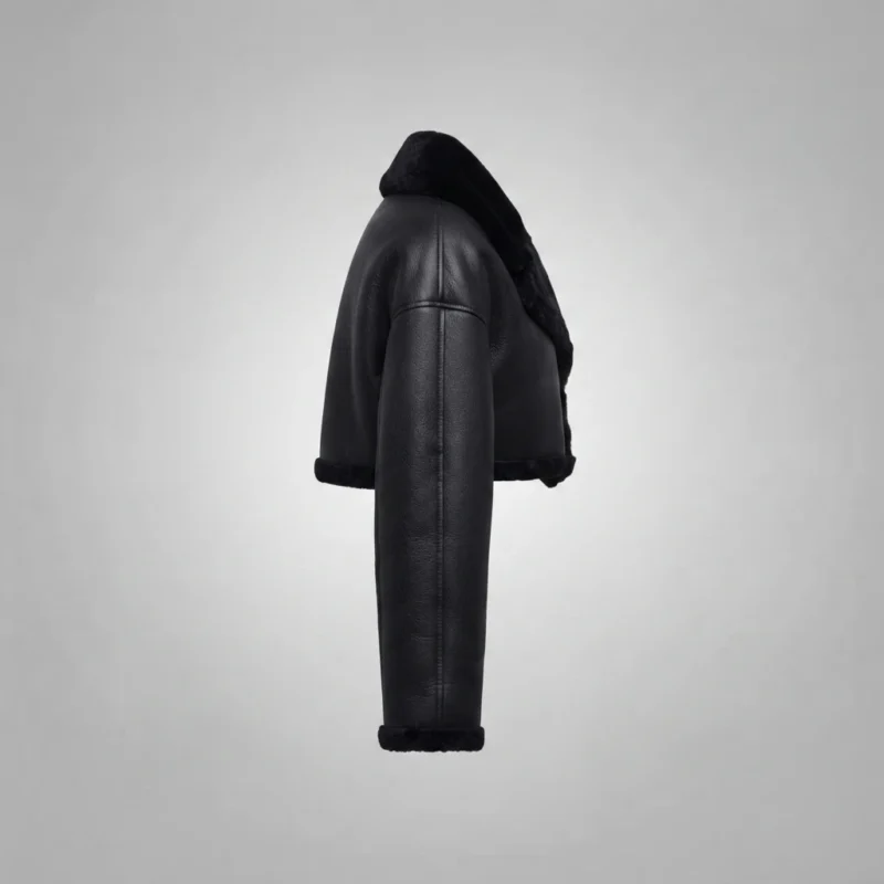 Women’s Black Shearling Cropped Jacket – Leather Aviator Jacket with Fur Collar - Image 4