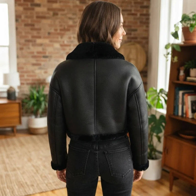 Women’s Black Shearling Cropped Jacket back