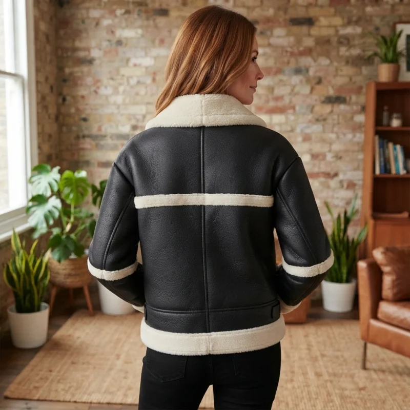 Women’s Black Shearling Jacket back side