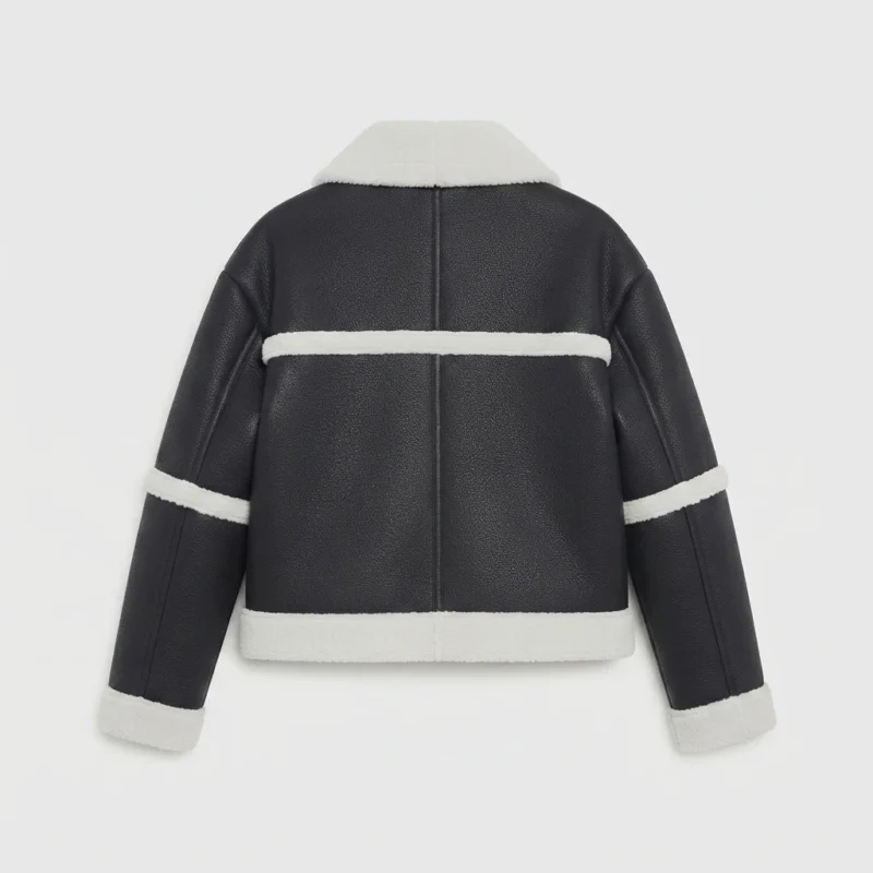 Women’s Black Shearling Jacket – Contrast Cream Trim Aviator Winter Jacket - Image 5