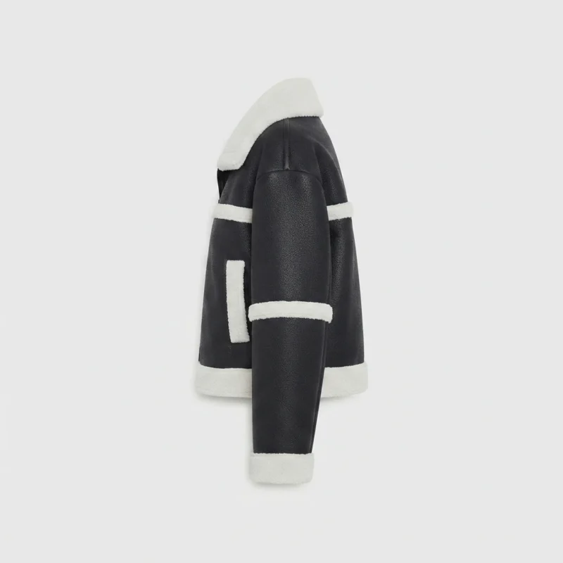 Women’s Black Shearling Jacket – Contrast Cream Trim Aviator Winter Jacket - Image 4
