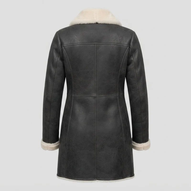 Women’s Black Shearling Leather Coat with Double Breasted Front back side