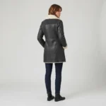 Women’s Black Shearling Leather Coat with Double Breasted Front back side