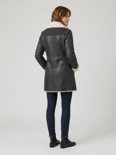 Women’s Black Shearling Leather Coat with Double Breasted Front back side