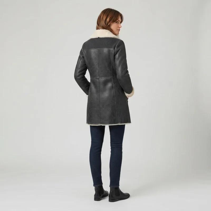 Women’s Black Shearling Leather Coat with Double Breasted Front back side