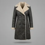 Women’s Black Shearling Leather Coat with Double Breasted Front