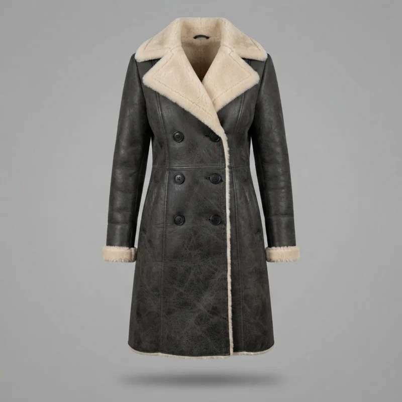 Women’s Black Shearling Leather Coat with Double Breasted Front