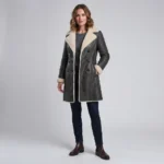 Women’s Black Shearling Leather Coat with Double Breasted Front