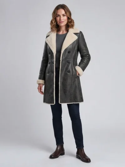 Women’s Black Shearling Leather Coat with Double Breasted Front