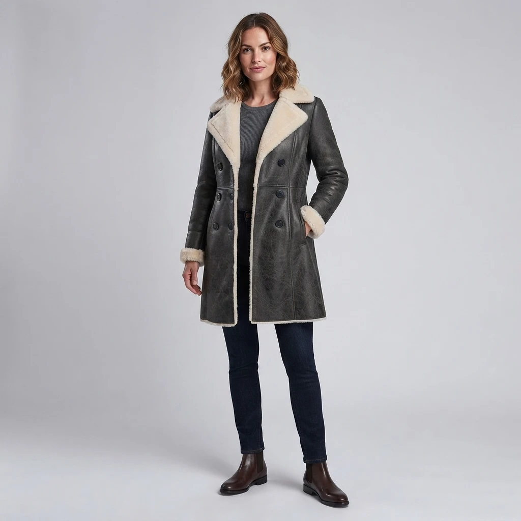 Women’s Black Shearling Leather Coat With Double Breasted Front (4) Women’s Black Shearling Leather Coat with Double Breasted Front