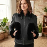 Women’s Black Shearling Leather Jacket front