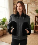Women’s Black Shearling Leather Jacket front
