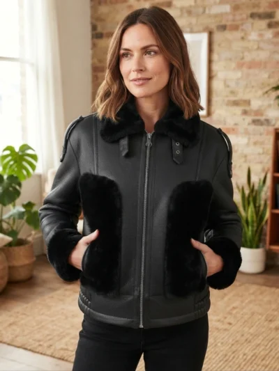 Women’s Black Shearling Leather Jacket front
