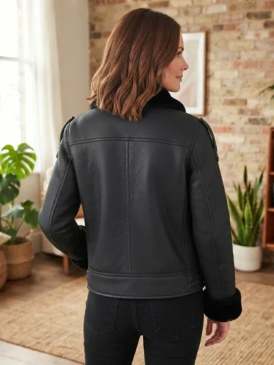 Women’s Black Shearling Leather Jacket back