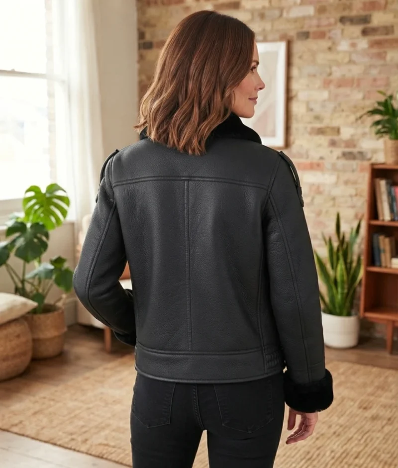 Women’s Black Shearling Leather Jacket back