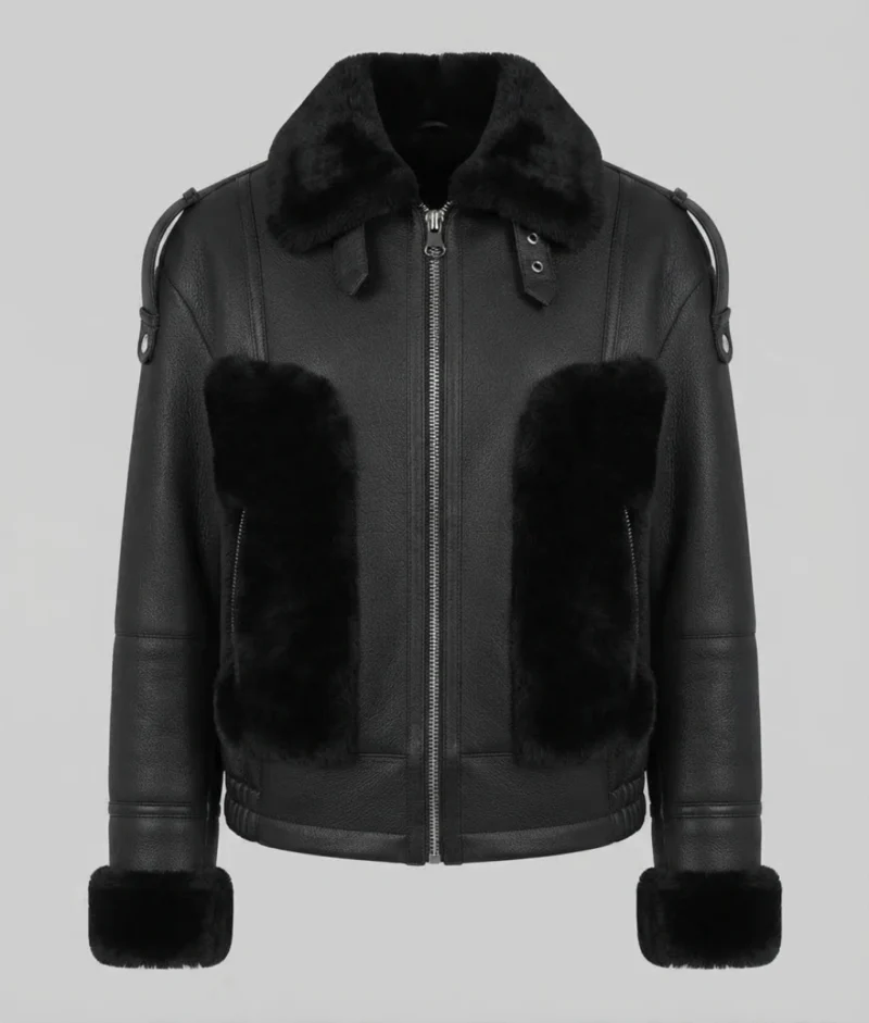 Women’s Black Shearling Leather Jacket front