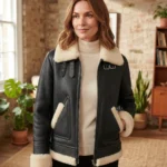 Women’s Black Shearling Leather Jacket with Cream Fur Trim front