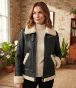 Women’s Black Shearling Leather Jacket with Cream Fur Trim front