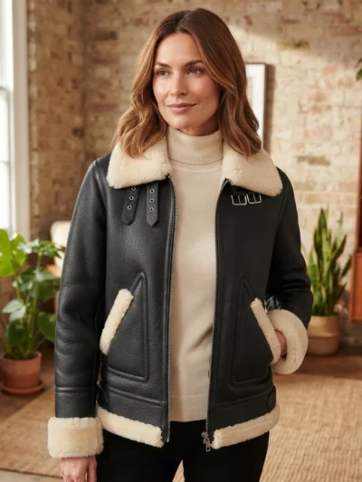 Women’s Black Shearling Leather Jacket with Cream Fur Trim front