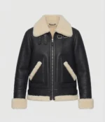 Women’s Black Shearling Leather Jacket with Cream Fur Trim frontside
