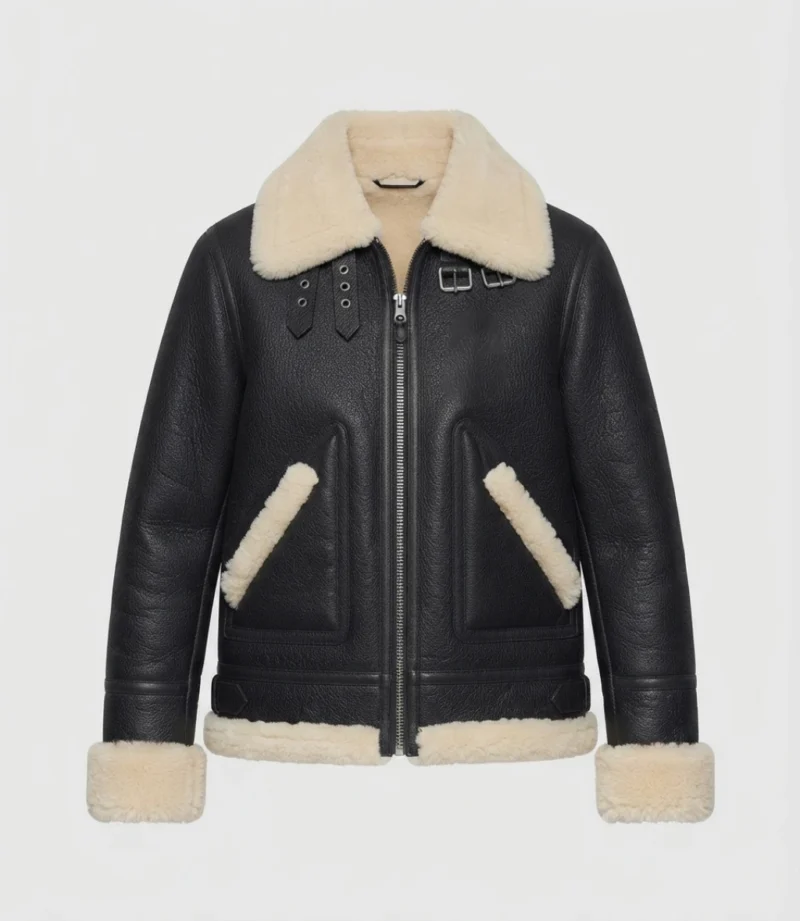 Women’s Black Shearling Leather Jacket with Cream Fur Trim frontside