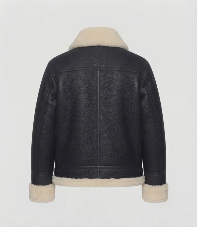 Women’s Black Shearling Leather Jacket with Cream Fur Trim back
