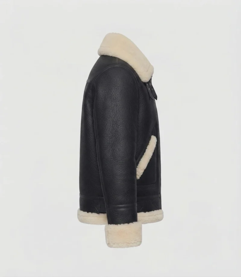 Women’s Black Shearling Leather Jacket with Cream Fur Trim - Image 5